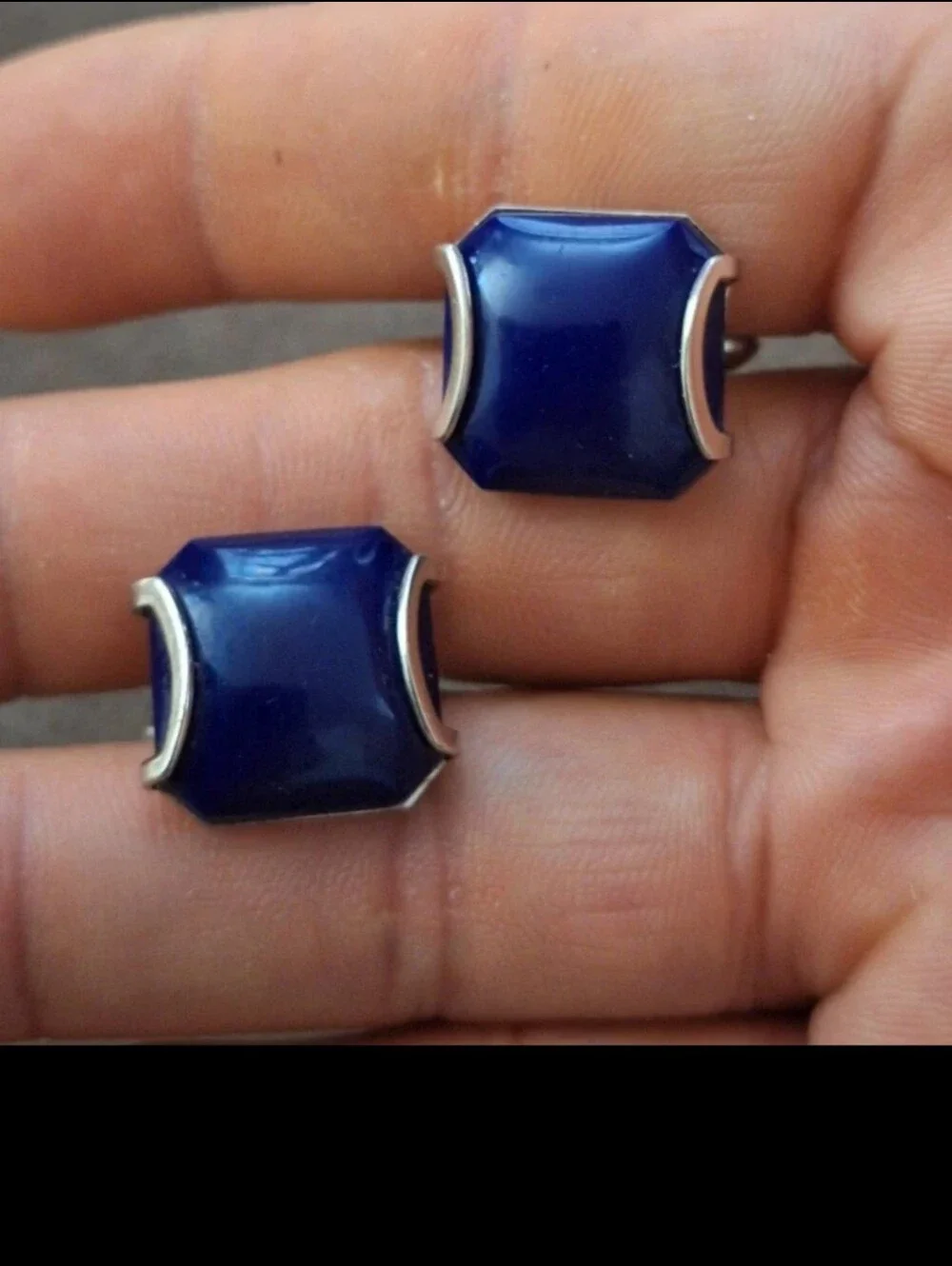 Exquisite Rare HTF Vintage Mid Century Silver Frame Swank Blue Glass Cufflinks
